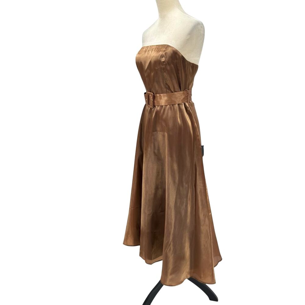 Lulu’s NWT Chicly Stunning Shiny Brown Organza Strapless Belted Midi Dress - Picture 5 of 14
